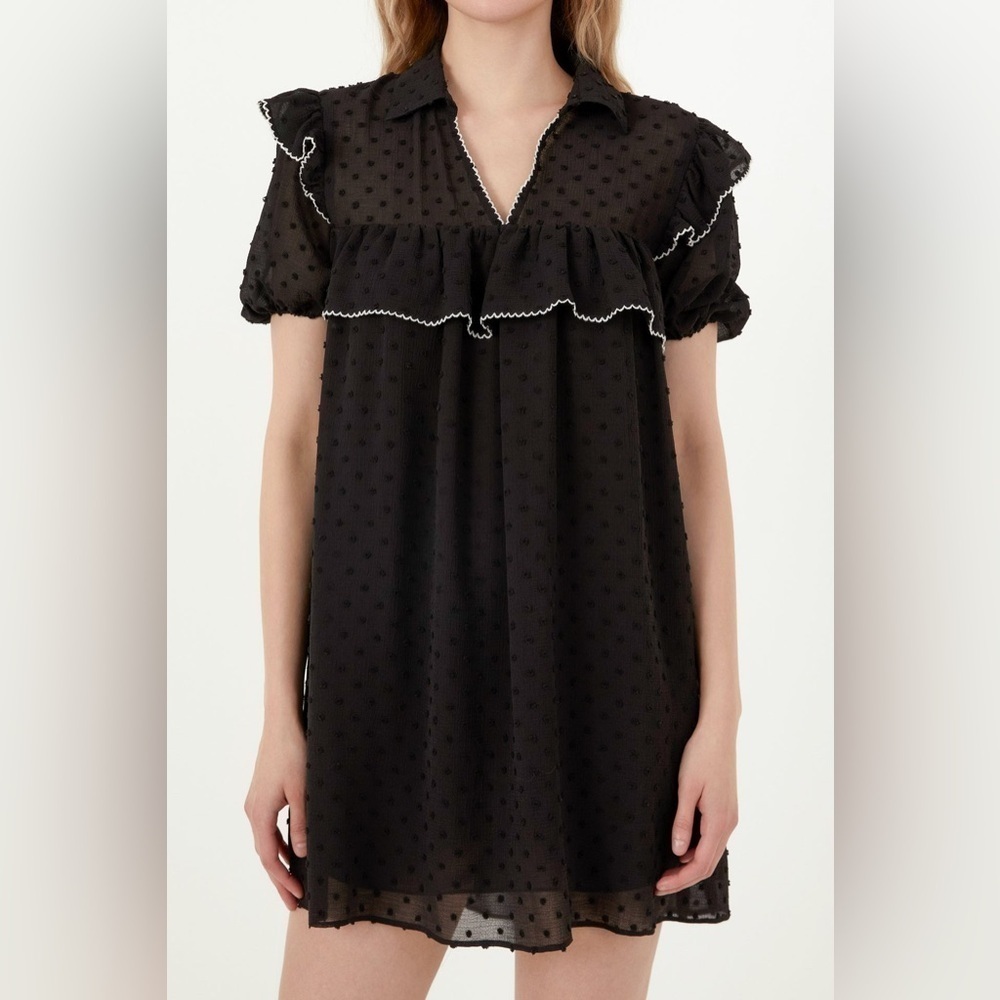 Free the Roses Mini Dress M Ruffle Swiss Dot Babydoll Fairy Grunge Puff Sleeve